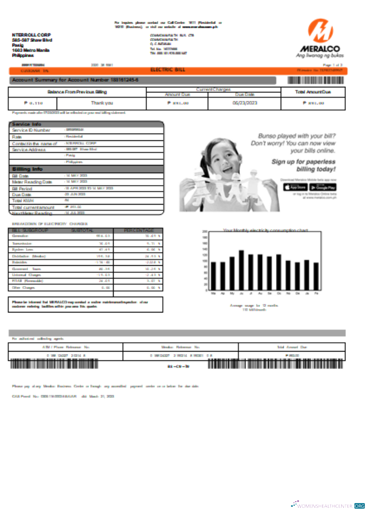 Download Meralco Philippines electricity utility business bill, SCR Photoshop template